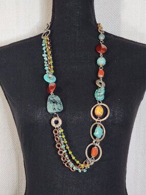 Chico's Multi Stone Multi Metal Circles 36" w/Extender Turquoise Copper Necklace